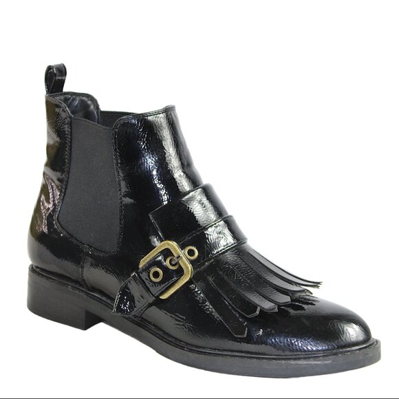 Marc Fisher Brigita Chelsea Kiltie Black Patent Buckle Pull On Boot, Size 7 - Picture 3 of 9